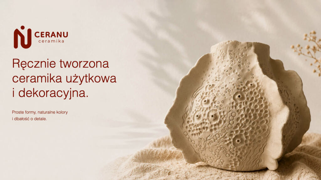 Delicate cream-colored handmade ceramic art with intricate patterns on a soft beige background, gentle natural light creating subtle shadows, Polish text on the left. 3D rendering, design studio, 3D product, animation, character design, 2D animation, video production services, book trailer services, digital marketing services, motion design, motion graphics. RDV Media – Multimedia production company. Serving brands globally. New York, Los Angeles, California, Atlanta, USA, Dublin, Ireland, EU, London, England, UK, Doha, Qatar, UAE, Abu Dhabi, Ajman, Dubai, Fujairah, Ras Al Khaimah, Sharjah, and Umm Al Quwain.