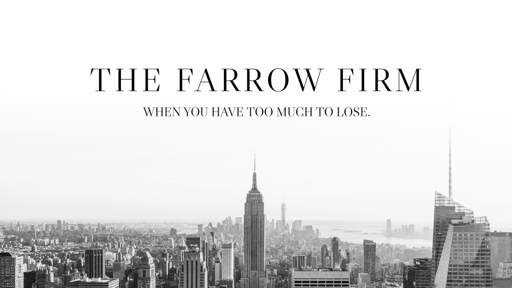 NYC skyline in black and white, Empire State Building centered, text reads "The Farrow Firm: When you have too much to lose." 3D rendering, design studio, 3D product, animation, character design, 2D animation, video production services, book trailer services, digital marketing services, motion design, motion graphics. RDV Media – Multimedia production company. Serving brands globally. New York, Los Angeles, California, Atlanta, USA, Dublin, Ireland, EU, London, England, UK, Doha, Qatar, UAE, Abu Dhabi, Ajman, Dubai, Fujairah, Ras Al Khaimah, Sharjah, and Umm Al Quwain.