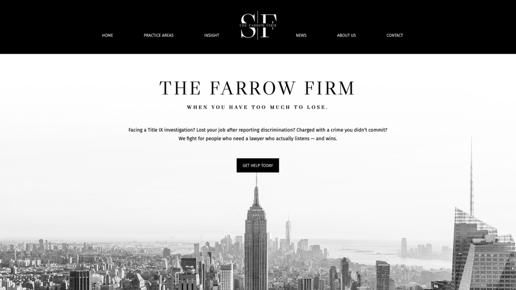NYC skyline in black and white, Empire State Building centered, text reads "The Farrow Firm: When you have too much to lose." 3D rendering, design studio, 3D product, animation, character design, 2D animation, video production services, book trailer services, digital marketing services, motion design, motion graphics. RDV Media – Multimedia production company. Serving brands globally. New York, Los Angeles, California, Atlanta, USA, Dublin, Ireland, EU, London, England, UK, Doha, Qatar, UAE, Abu Dhabi, Ajman, Dubai, Fujairah, Ras Al Khaimah, Sharjah, and Umm Al Quwain.